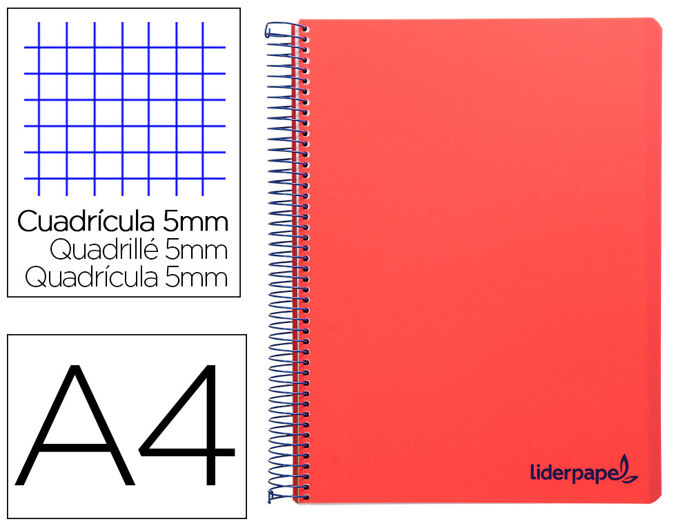 CADERNO ESPIRAL LIDERPAPEL WONDER MICRO DIN A4 CAPA PLASTICO 120 F 90 GR QUADRICULA 5 MM 5 BANDAS DE CORES 4 FUROS VERME