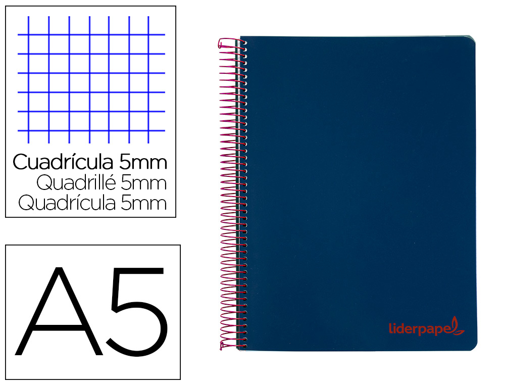 CADERNO ESPIRAL LIDERPAPEL WONDER MICRO DIN A5 CAPA PLASTICO 120 F 90 GR QUADRICULA 5MM 5 BANDAS DE CORES 6 FUROS AZUL M