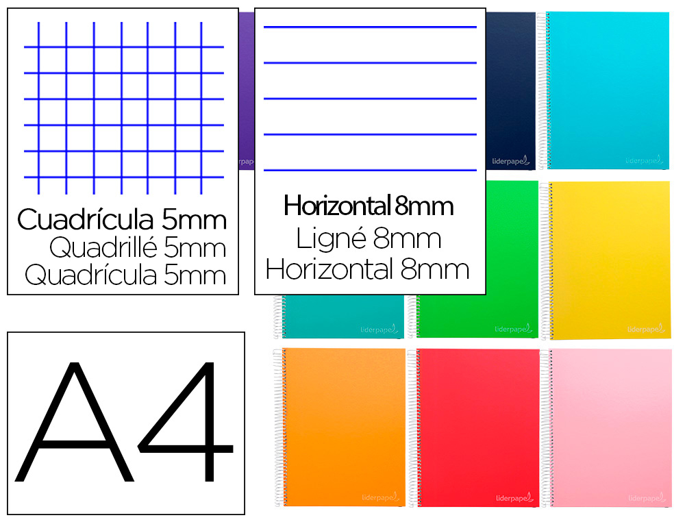 CADERNO ESPIRAL LIDERPAPEL DIN A4 JOLLY CAPA FORRADA 140 F 75GR MULTIDISCIPLINA 28F 5MM 112F PAUTADAS 5 BANDAS DE CORES