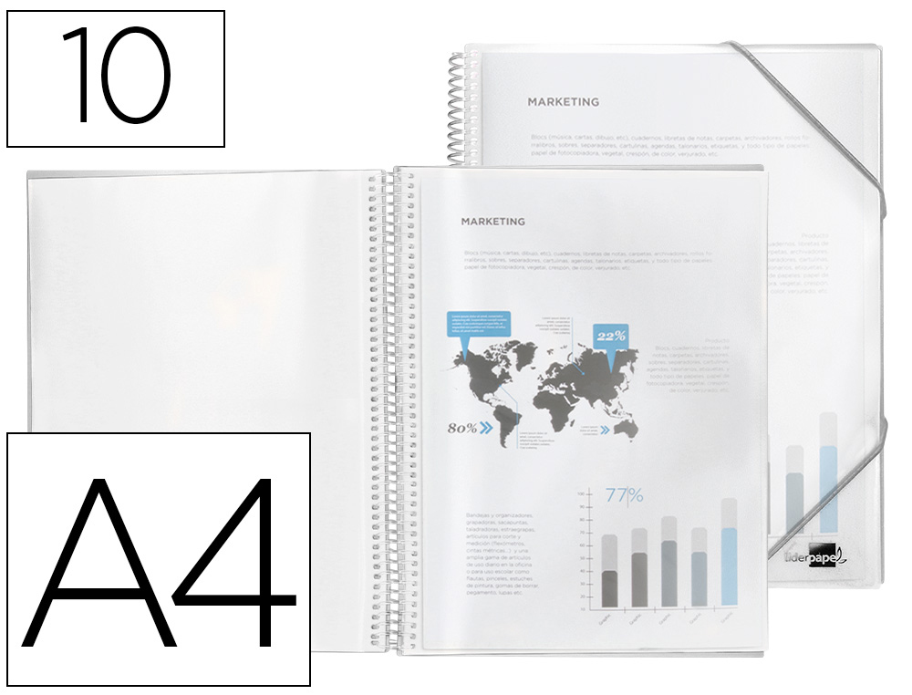 CAPA CATALOGO LIDERPAPEL COM ESPIRAL 10 BOLSAS POLIPROPILENO DIN A4 TRANSPARENTE