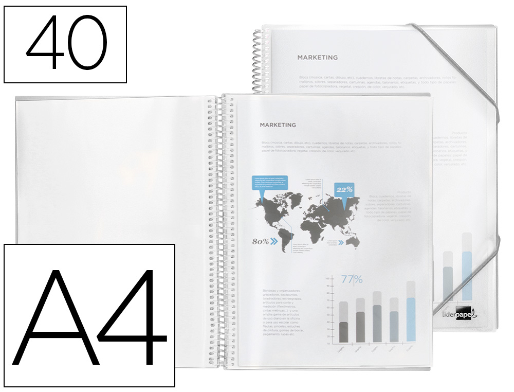 CAPA CATALOGO LIDERPAPEL COM ESPIRAL 40 BOLSAS POLIPROPILENO DIN A4 TRANSPARENTE