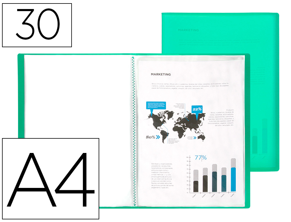 CAPA CATALOGO LIDERPAPEL 30 BOLSAS POLIPROPILENO DIN A4 VERDE TRANSLUCIDO