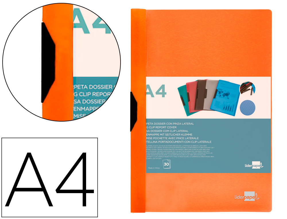 BOLSA DOSSIER LIDERPAPEL COM CLIP LATERAL DIN A4 LARANJA FLUOR OPACO 30 FOLHAS