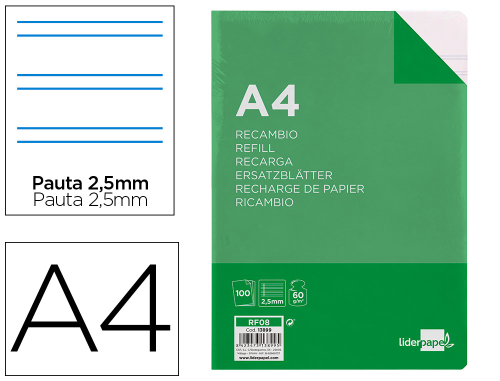 RECARGA LIDERPAPEL FOLIO 100 F 4TF-03 2 RAYAS PAUTA ESTRECHA 4 FUROS COM MARGEM