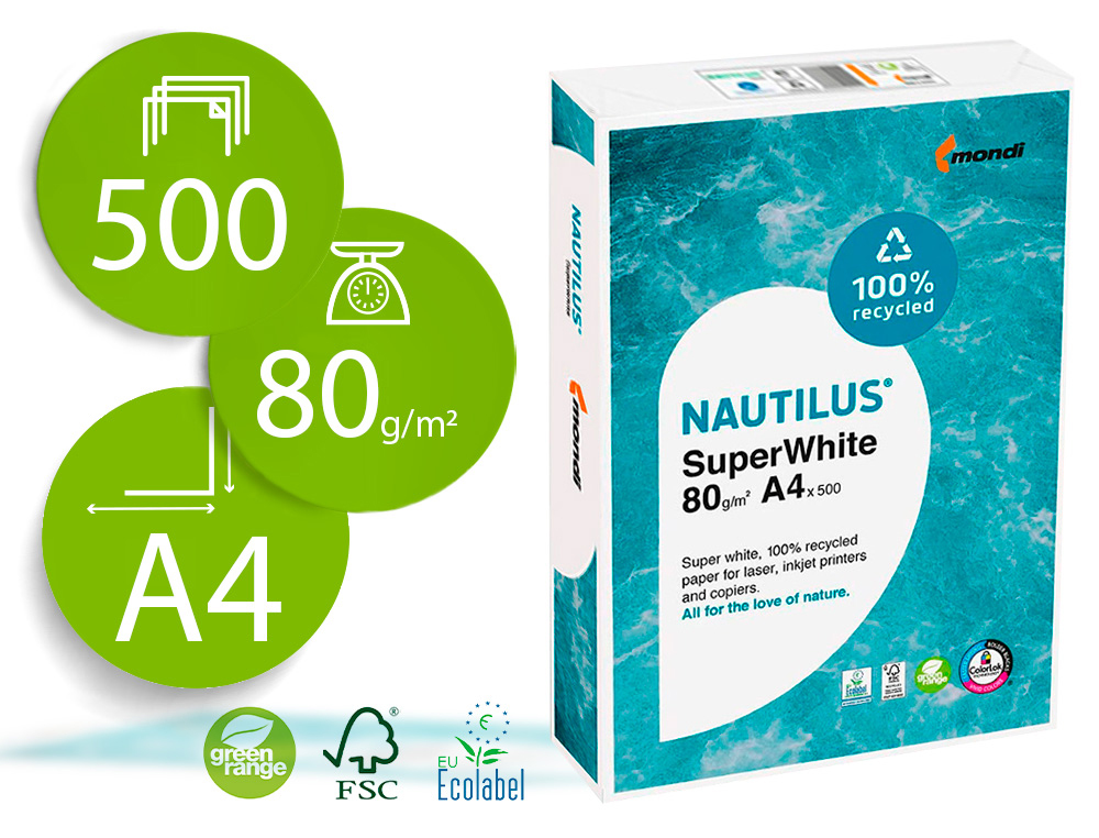 PAPEL FOTOCOPIA NAUTILUS SUPERWHITE 100% RECICLADO DIN A4 80 GR EMBALAGEM DE 500 FOLHAS