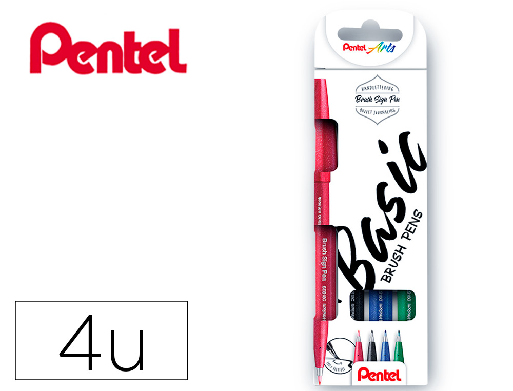 CANETA PINCEL PENTEL TOUCH EM BLISTER DE 4 CORES PRETO VERMELHO AZUL E VERDE