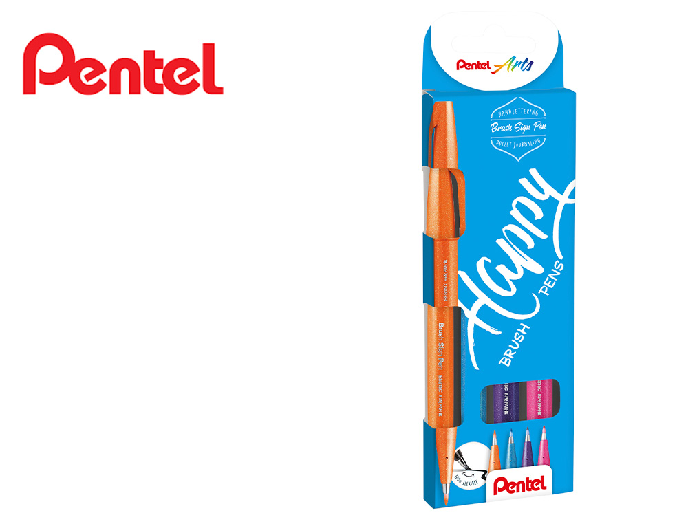 CANETA PINCEL PENTEL TOUCH EM BLISTER DE 4 CORES AZUL CEU, VIOLETA, LARANJA E ROSA