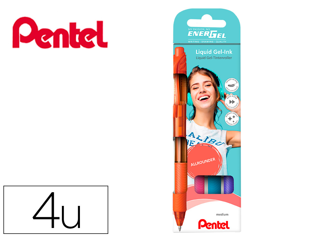 ROLLER PENTEL ENERGEL BL107 EM BLISTER DE 4 UNIDADES CORES LARANJA, ROXO, AZUL CEU E ROSA