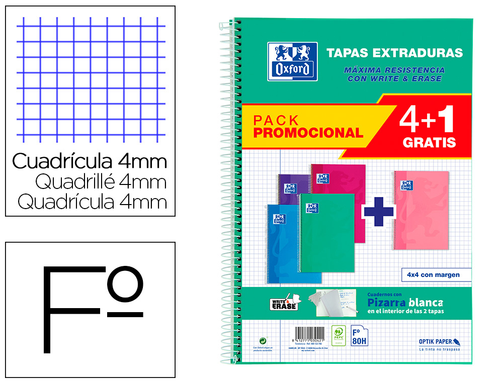 CADERNO ESPIRAL OXFORD CAPA EXTRADURA FOLIO 80 FOLHAS QUADRICULA 4 MM WRITE&ERASE QUADRO PACK 4+1 UNIDADES CORES TENDENC