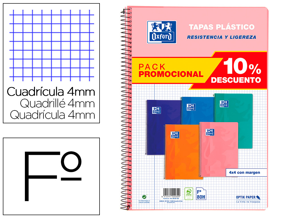 CADERNO ESPIRAL OXFORD CAPA PLASTICO FOLIO 80 FOLHAS QUADRICULA 4 MM PACK 5 UNIDADES CORES TENDENCIAS