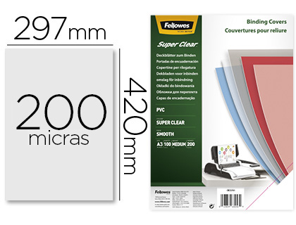 CAPA DE ENCADERNACAO FELLOWES PVC DIN A3 TRANSPARENTE 200 MICRONS PACK DE 100 UNIDADES