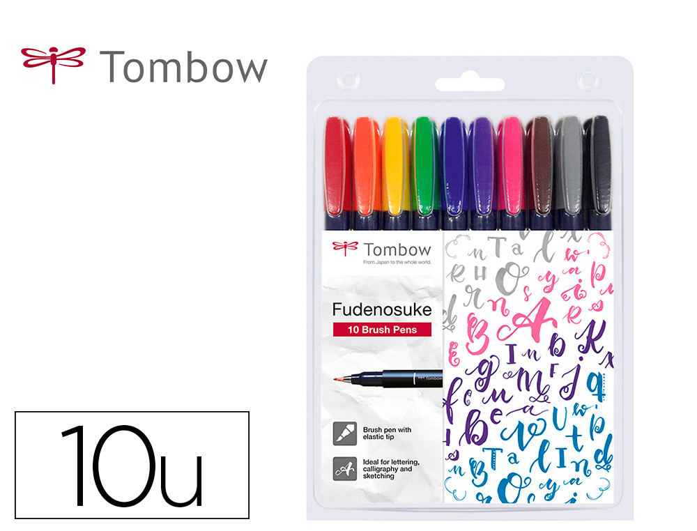 MARCADOR TOMBOW PONTA PINCEL DUAL FUDENOSUKE PONTA DURA TINTA BASE DE AGUA ESTOJO DE 10 UNIDADES CORES SORTIDAS