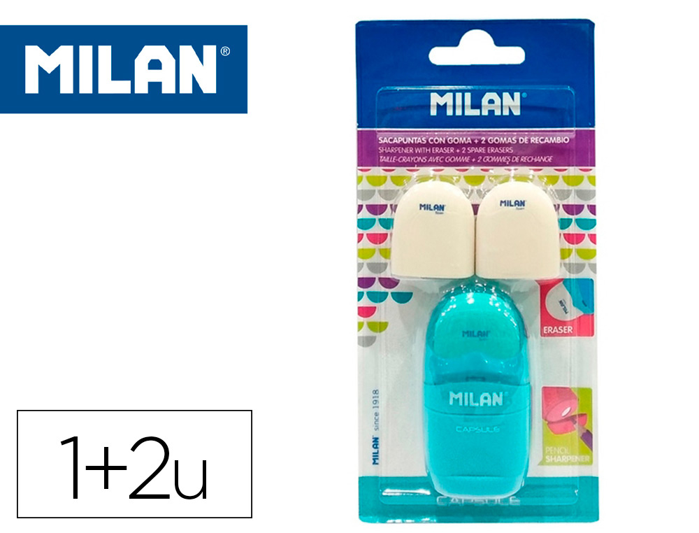 APARA LAPIS MILAN CAPSULE PLASTICO 1 USO COM BORRACHA + 2 RECARGAS DE BORRACHA
