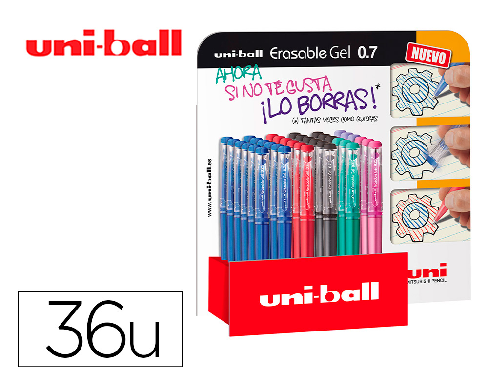 MARCADOR UNI-BALL ROLLER UF-222 TINTA GEL APAGAVEL 0,7 MM EXPOSITOR DE 36 UNIDADES CORES SORTIDAS