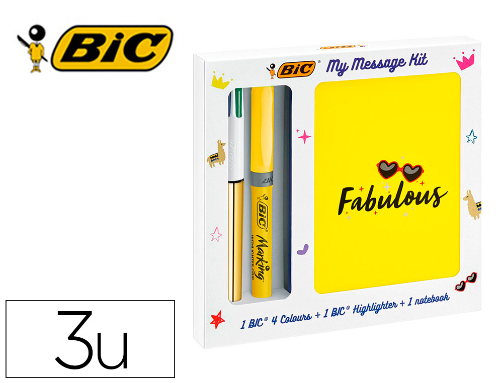 SET ESCRITA BIC 1 QUATRO CORES SHINE + 1 FLUOR GRIP PASTEL + 1 NOTEBOOK