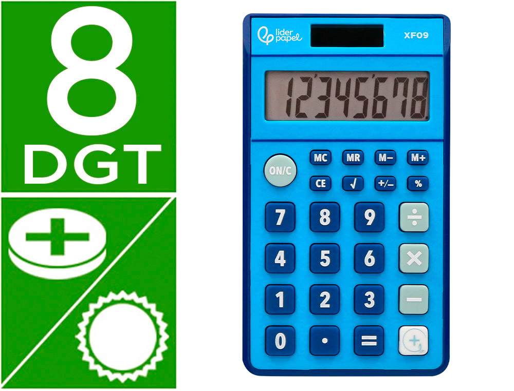 CALCULADORA LIDERPAPEL DE BOLSO XF09 8 DIGITOS SOLAR E PILHAS COR AZUL 115X65X8 MM