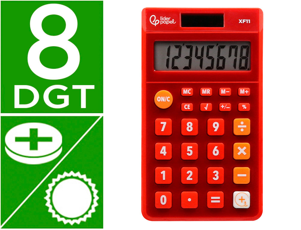CALCULADORA LIDERPAPEL DE BOLSO XF11 8 DIGITOS SOLAR E PILHAS COR VERMELHO 115X65X8 MM