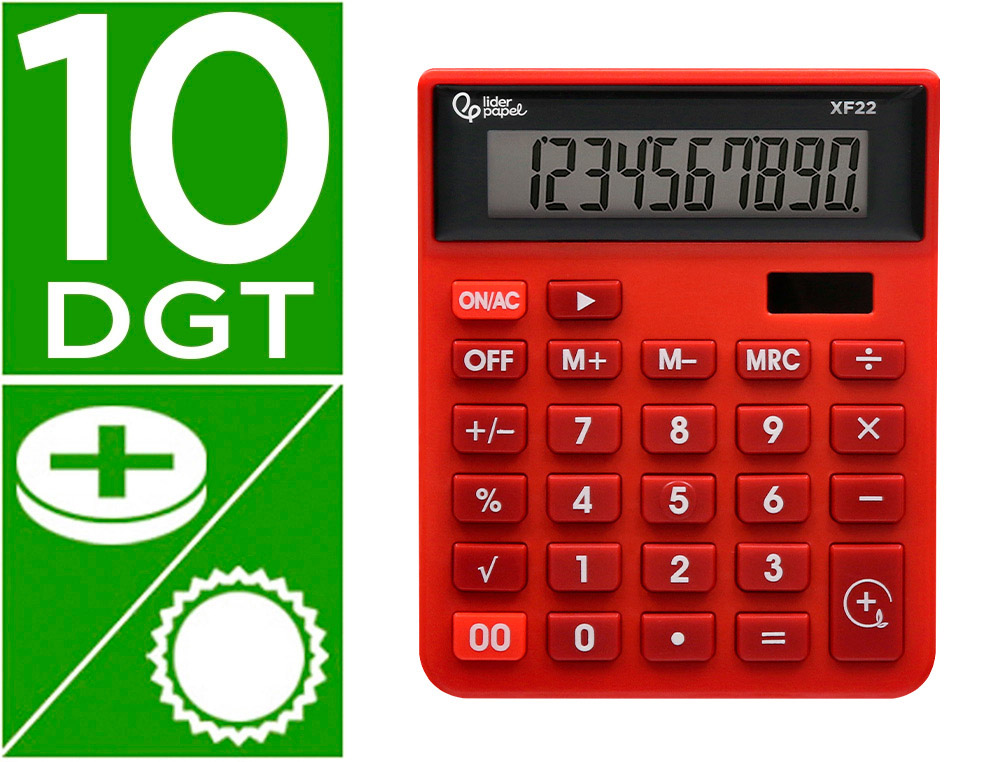 CALCULADORA LIDERPAPEL DE SECRETARIA XF22 10 DIGITOS SOLAR E PILHAS COR VERMELHO 127X105X24 MM