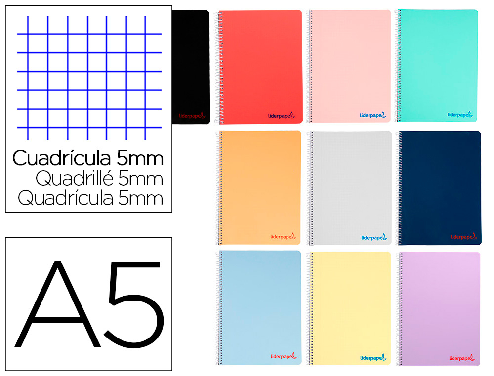 CADERNO ESPIRAL LIDERPAPEL WONDER DIN A5 CAPA PLASTICO 80 F 90 GR QUADRICULA 5MM COM MARGEM CORES SORTIDAS
