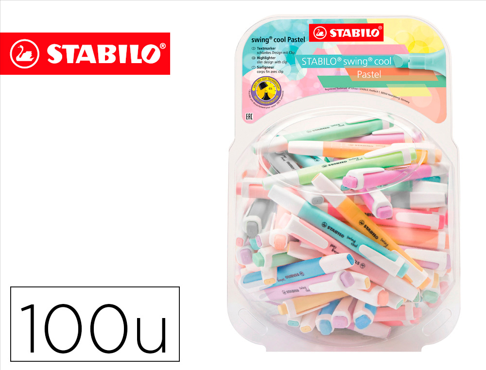 MARCADOR FLUORESCENTE STABILO SWING COOL PASTEL BOIAO DE 100 UNIDADES CORES SORTIDAS