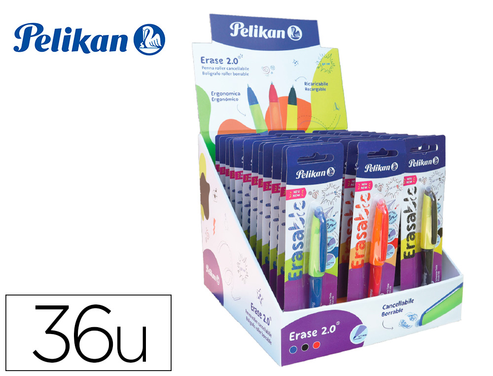 EXPOSITOR PELIKAN DE SECRETARIA ERASE 2.0 CONTEUDO 60 ROLLERS CORES SORTIDAS E 36 RECARGAS CORES SORTIDAS