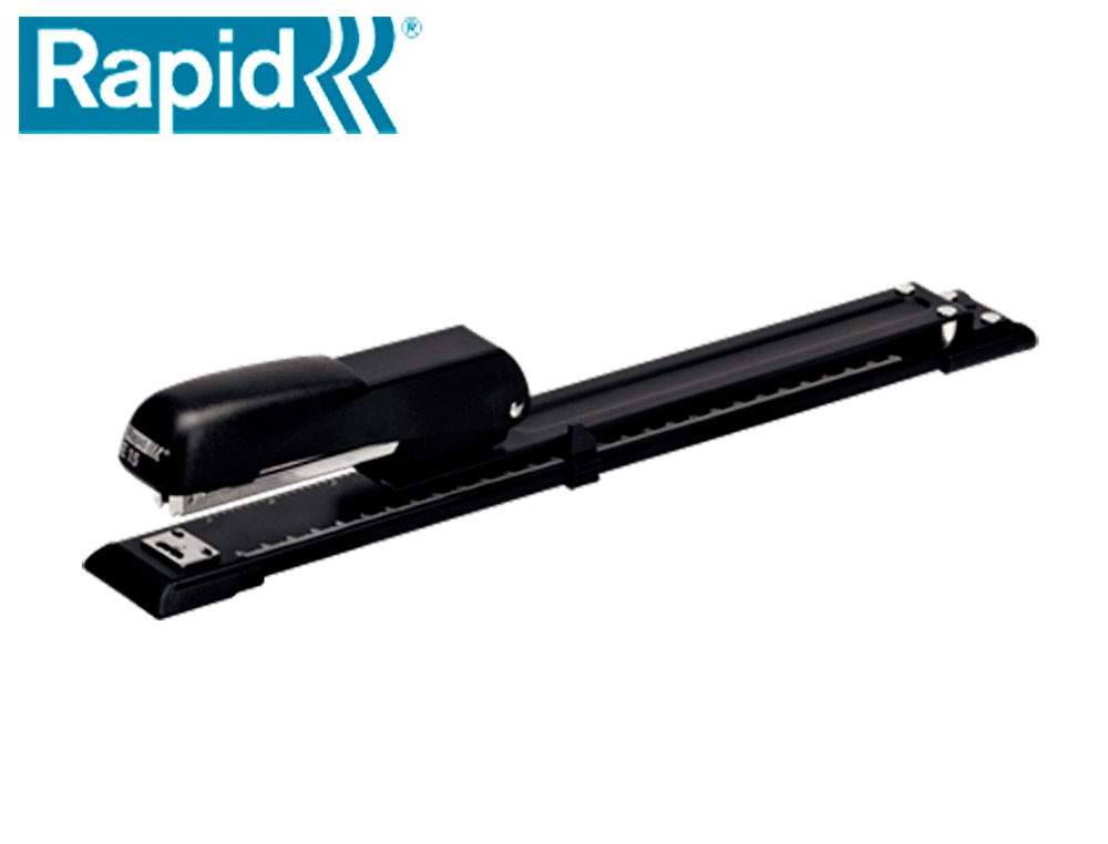 AGRAFADOR RAPID E15 METALICO BRACO LARGO CAPACIDADE 20 FOLHAS USA AGRAFES 24/6 E 26/26 COR PRETO