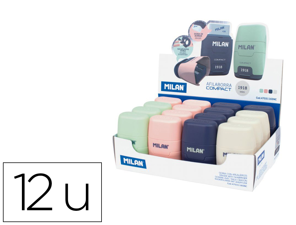 APARA LAPIS MILAN COMPACT SERIE 1918 PLASTICO 2 USOS COM BORRACHA EXPOSITOR DE 16 UNIDADES CORES SORTIDAS