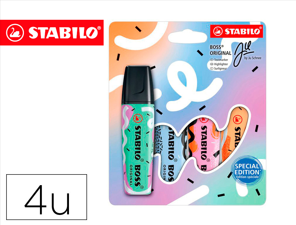 MARCADOR FLUORESCENTE STABILO BOSS ORIGINAL PASTEL BY JU SCHNEE ESTOJO DE 4 CORES SORTIDAS