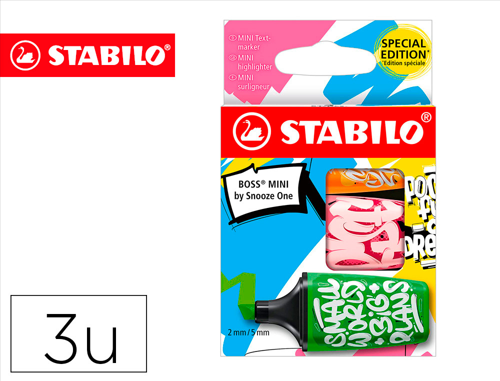 MARCADOR FLUORESCENTE STABILO BOSS MINI BY SNOOZE ONE ESTOJO DE 3 UNIDADES CORES SORTIDAS