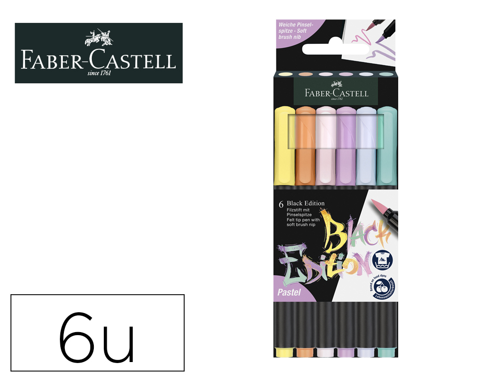 MARCADOR FABER CASTELL BLACK EDITION PONTA DE PINCEL PASTEL CAIXA DE 6 UNIDADES CORES SORTIDAS