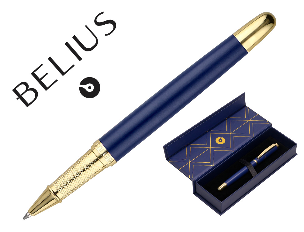 ESFEROGRAFICA BELIUS SOIREE ALUMINIO DESENHO ART DECO AZUL MARINHO E DOURADO TINTA AZUL CAIXA DESIGN