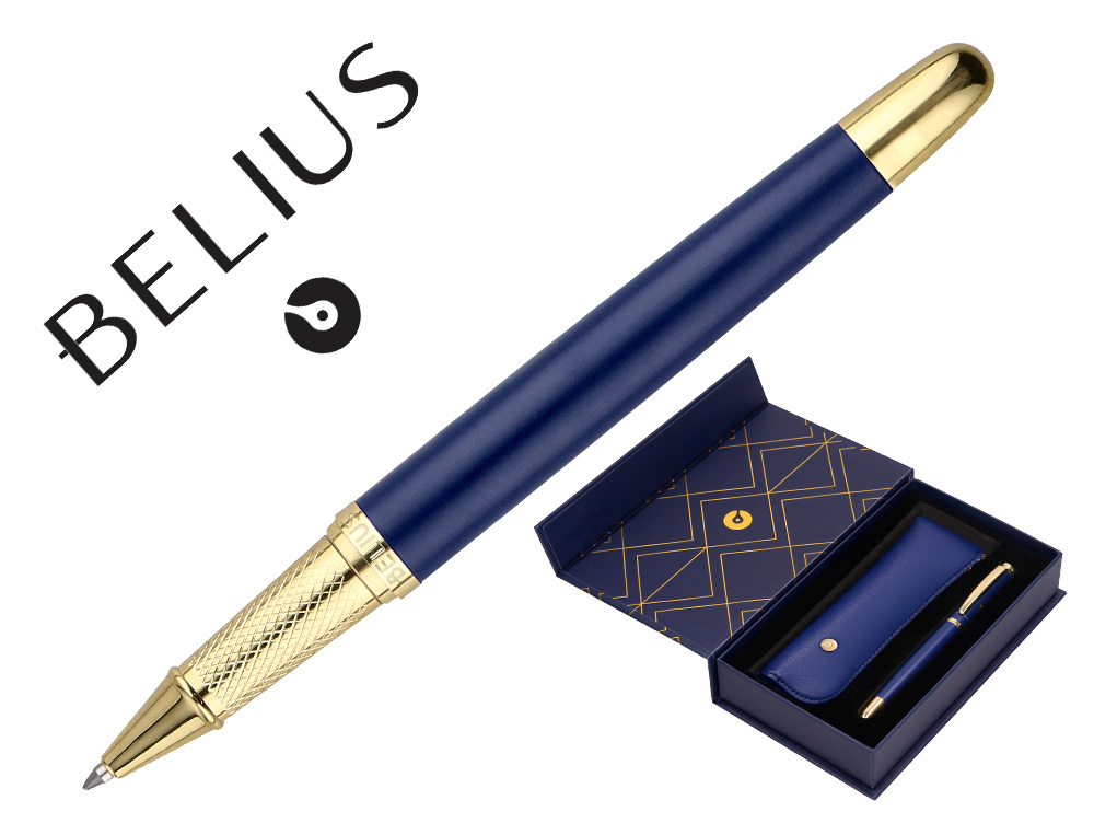 ESFEROGRAFICA E ESTOJO BELIUS SOIREE DESENHO ART DECO AZUL MARINHO E DOURADO TINTA AZUL CAIXA DESIGN