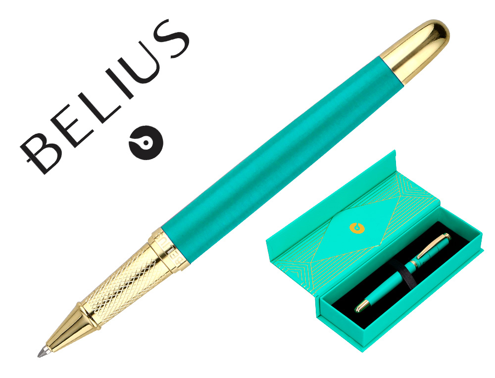 ESFEROGRAFICA BELIUS SOIREE ALUMINIO DESENHO ART DECO TURQUESA DOURADO TINTA AZUL CAIXA DESIGN