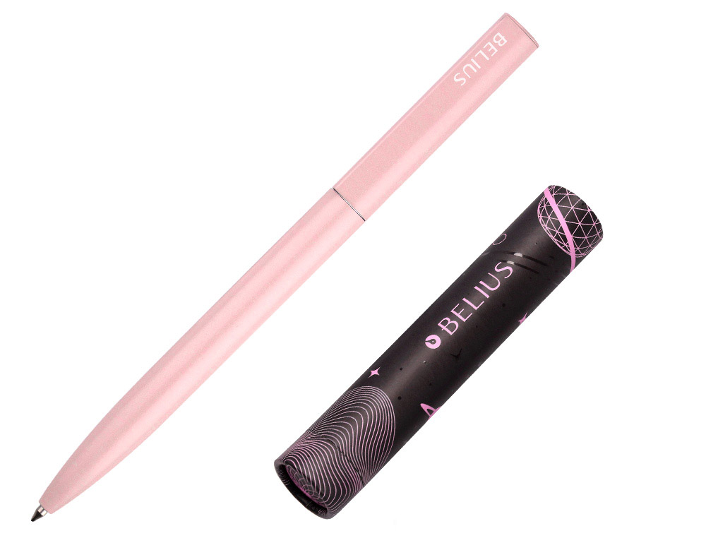 ESFEROGRAFICA BELIUS ROCKET B ALUMINIO DESENHO MINIMALISTA ROSA CAIXA CILINDRICA TINTA AZUL