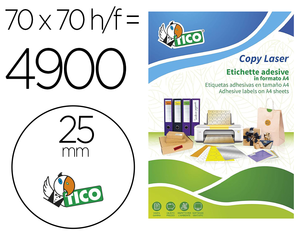 ETIQUETA ADESIVA TICO LARANJA FLUOR PERMANENTE CERTIFICADO FSC LASER/JATO TINTA/FOTOCOPIA 25 MM CAIXA 4900 UDS