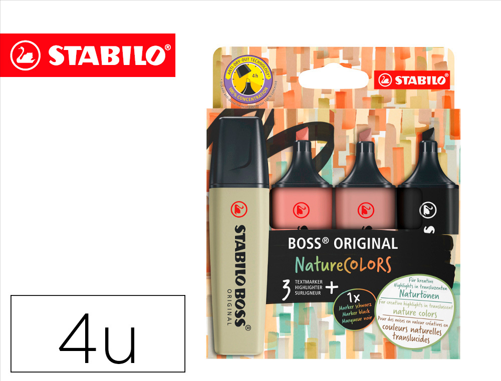 MARCADOR FLUORESCENTE STABILO BOSS PASTEL 70 NATURE COLORS ESTOJO DE 4 UNIDADES CORES SORTIDAS