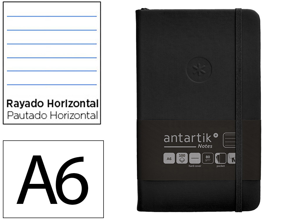 CADERNO COM ELASTICO ANTARTIK NOTES CAPA DURA A6 PAUTADO PRETO 100 FOLHAS 80 GR FSC