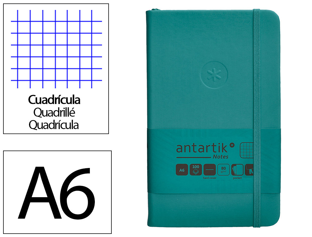 CADERNO COM ELASTICO ANTARTIK NOTES CAPA DURA A6 QUADRICULADO VERDE AGUA-MARINHA 100 FOLHAS 80 GR FSC