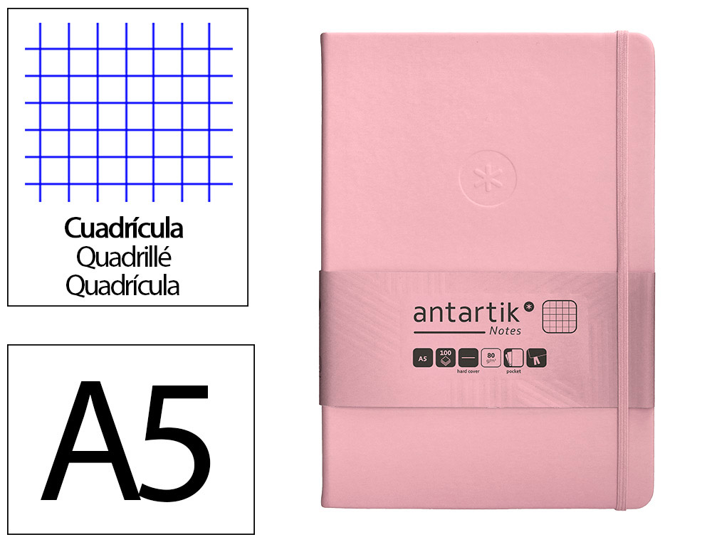CADERNO COM ELASTICO ANTARTIK NOTES CAPA DURA A5 QUADRICULADO ROSA PASTEL 100 FOLHAS 80 GR FSC