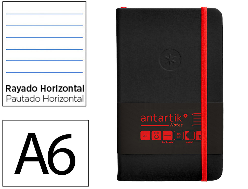 CADERNO COM ELASTICO ANTARTIK NOTES CAPA DURA A6 PAUTADO PRETO E VERMELHO 100 FOLHAS 80 GR FSC