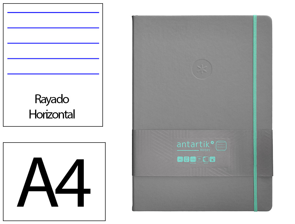 CADERNO COM ELASTICO ANTARTIK NOTES CAPA DURA A4 PAUTADO CINZA E TURQUESA 100 FOLHAS 80 GR FSC