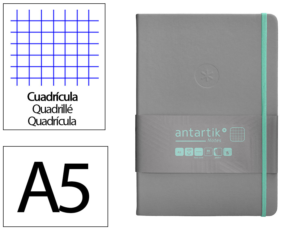 CADERNO COM ELASTICO ANTARTIK NOTES CAPA DURA A5 QUADRICULADO CINZA E TURQUESA 100 FOLHAS 80 GR FSC