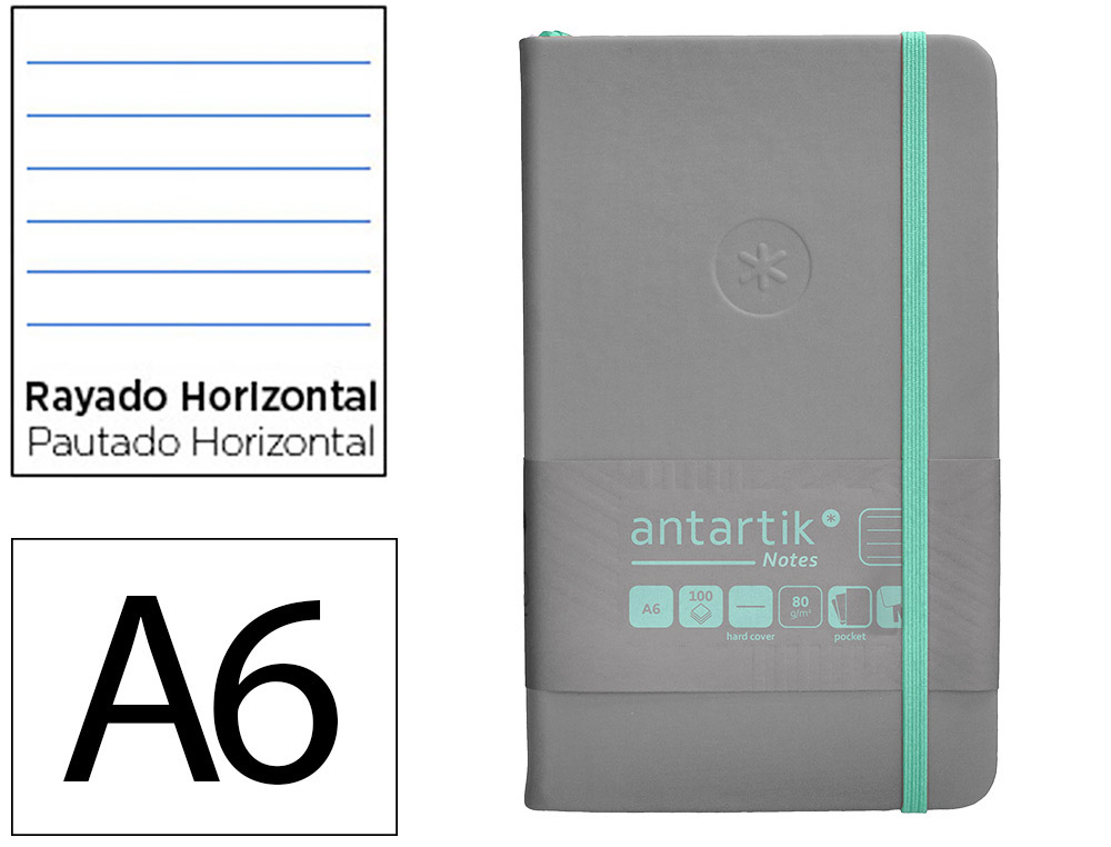 CADERNO COM ELASTICO ANTARTIK NOTES CAPA DURA A6 PAUTADO CINZA E TURQUESA 100 FOLHAS 80 GR FSC
