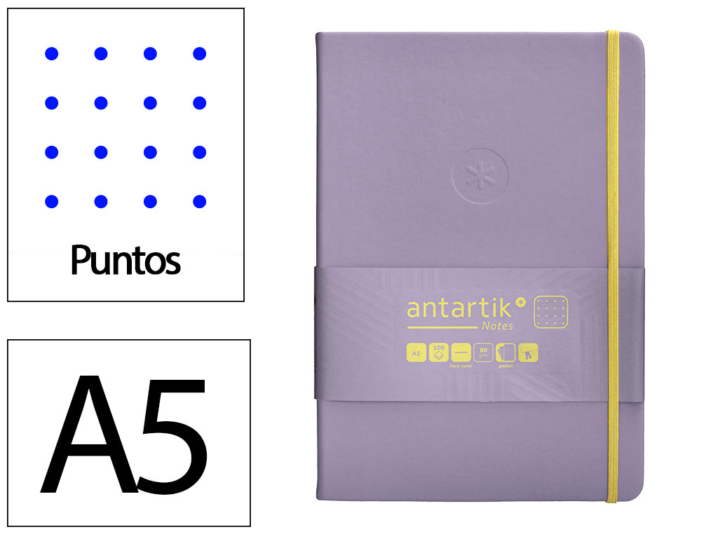 CADERNO COM ELASTICO ANTARTIK NOTES CAPA DURA A5 PONTILHADO ROXO E AMARELO 100 FOLHAS 80 GR FSC