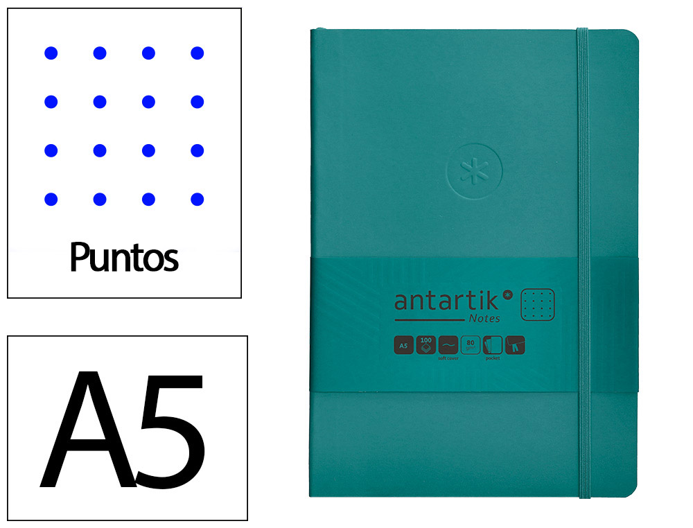 CADERNO COM ELASTICO ANTARTIK NOTES CAPA MOLE A5 PONTILHADO VERDE AGUA-MARINHA 80 FOLHAS 80 GR FSC