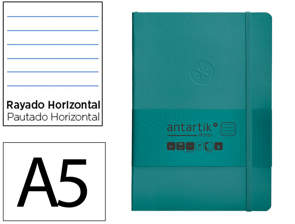CADERNO COM ELASTICO ANTARTIK NOTES CAPA MOLE A5 PAUTADO VERDE AGUA-MARINHA 80 FOLHAS 80 GR FSC