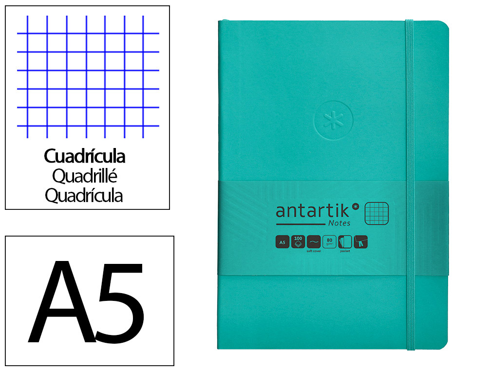 CADERNO COM ELASTICO ANTARTIK NOTES CAPA MOLE A5 QUADRICULADO TURQUESA 80 FOLHAS 80 GR FSC