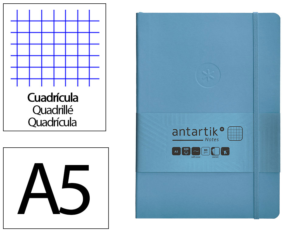 CADERNO COM ELASTICO ANTARTIK NOTES CAPA MOLE A5 QUADRICULADO AZUL CLARO 80 FOLHAS 80 GR FSC