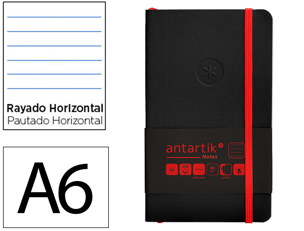 CADERNO COM ELASTICO ANTARTIK NOTES CAPA MOLE A6 PAUTADO PRETO E VERMELHO 100 FOLHAS 80 GR FSC