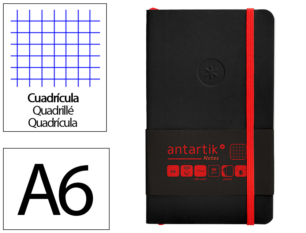 CADERNO COM ELASTICO ANTARTIK NOTES CAPA MOLE A6 QUADRICULADO PRETO E VERMELHO 100 FOLHAS 80 GR FSC